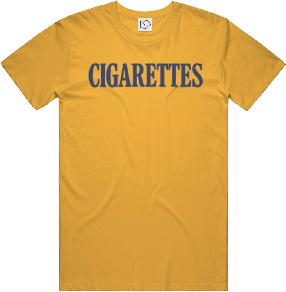Cigarettes 5: a gold heavyweight tee with CIGARETTES across the chest in navy