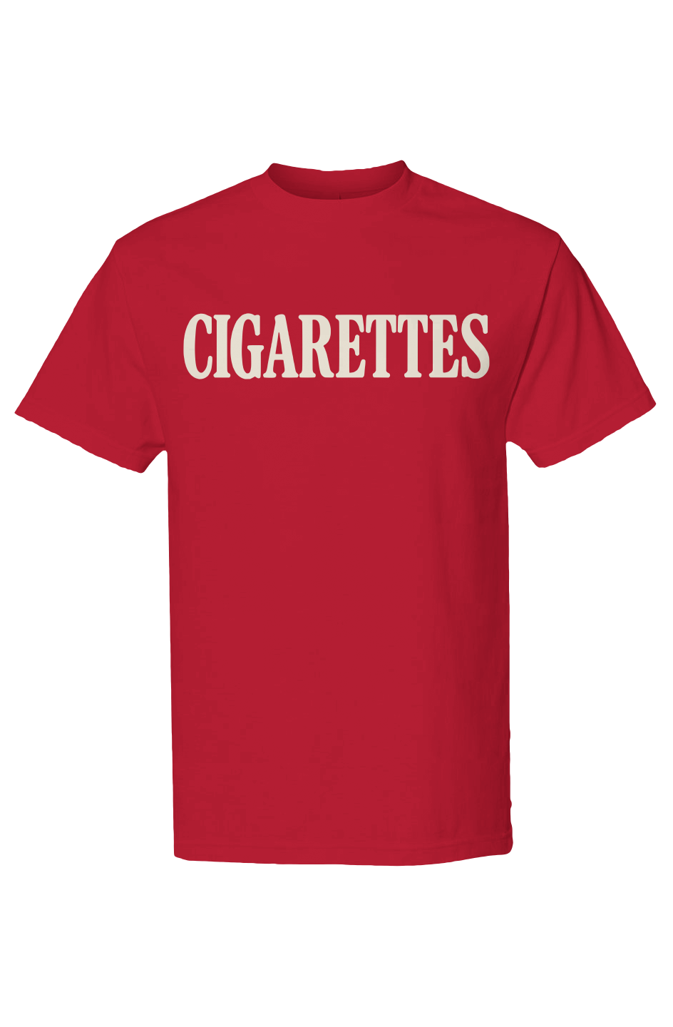 Cigarettes 2 — a cardinal-red heavyweight cotton tee with CIGARETTES across the chest in cream.